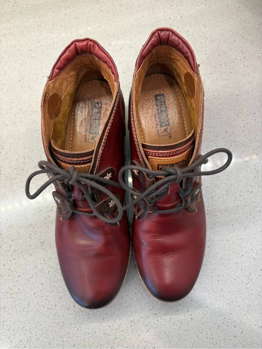 PIKOLINOS Burgundy Leather Wedge Ankle Boots